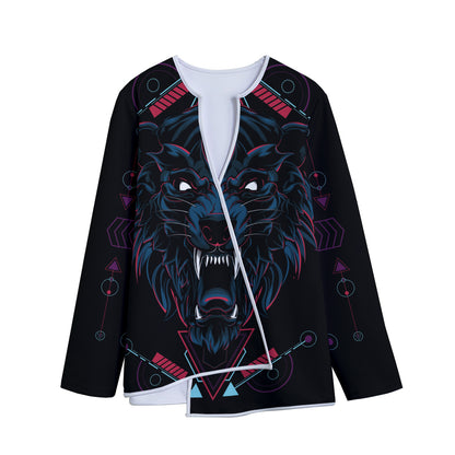 Dark Geometric Wolf Print Long Sleeve Short Coat