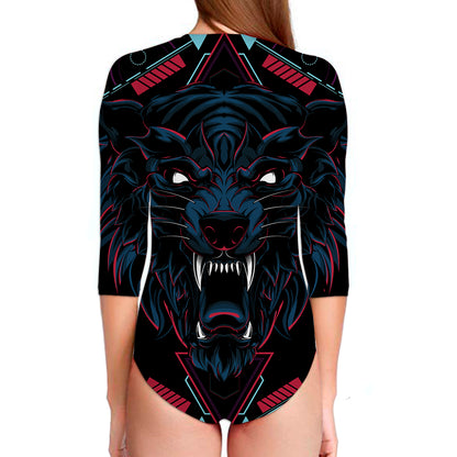 Dark Geometric Wolf Print Long Sleeve Swimsuit