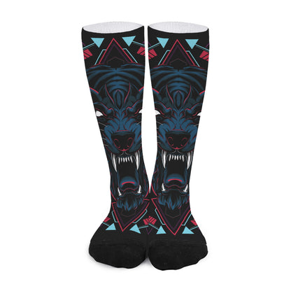 Dark Geometric Wolf Print Long Socks