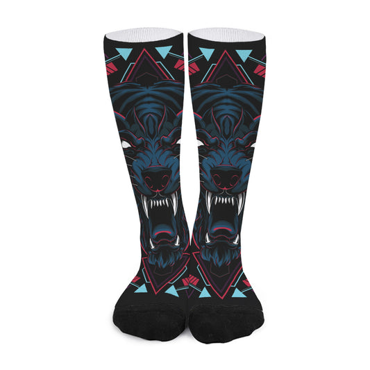 Dark Geometric Wolf Print Long Socks