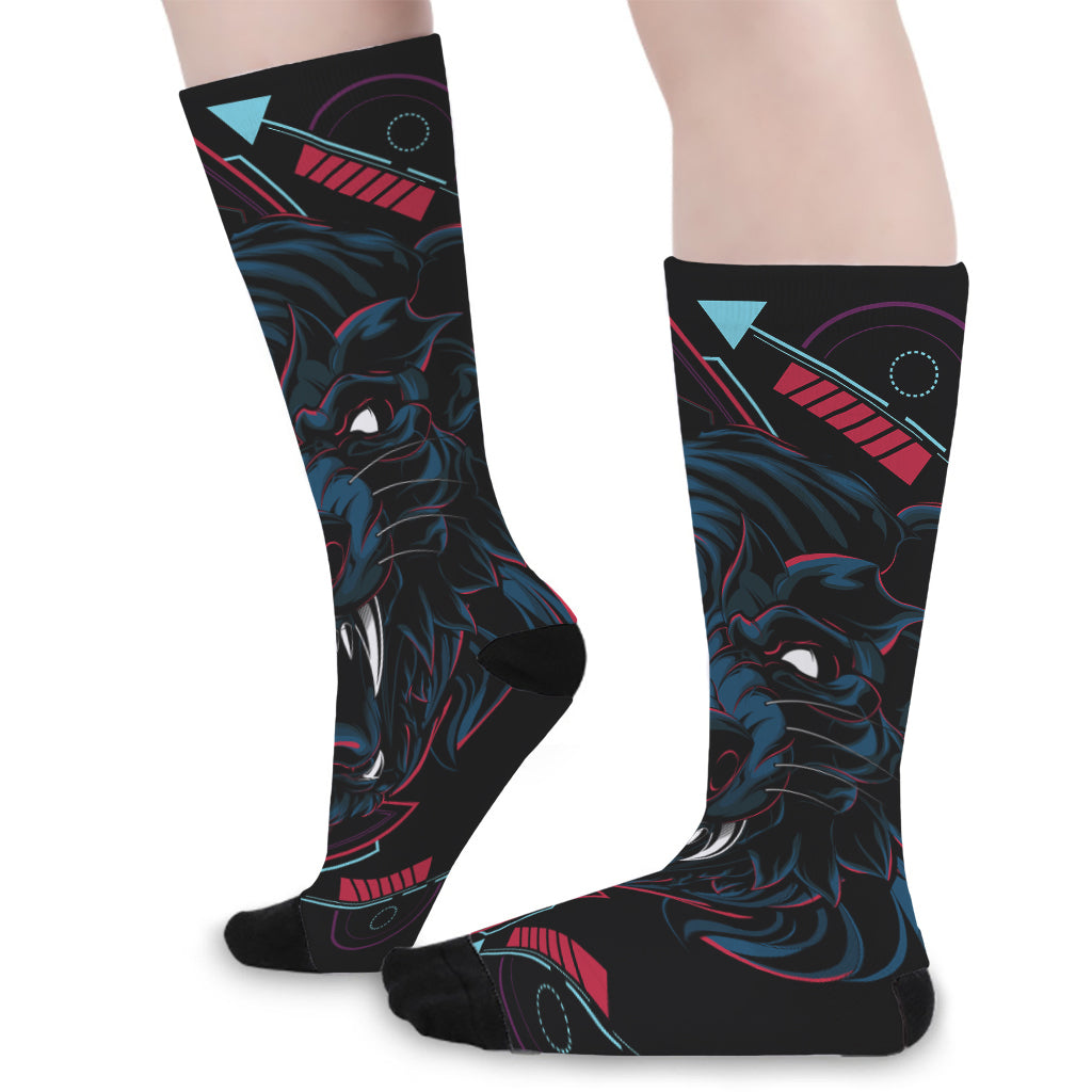 Dark Geometric Wolf Print Long Socks