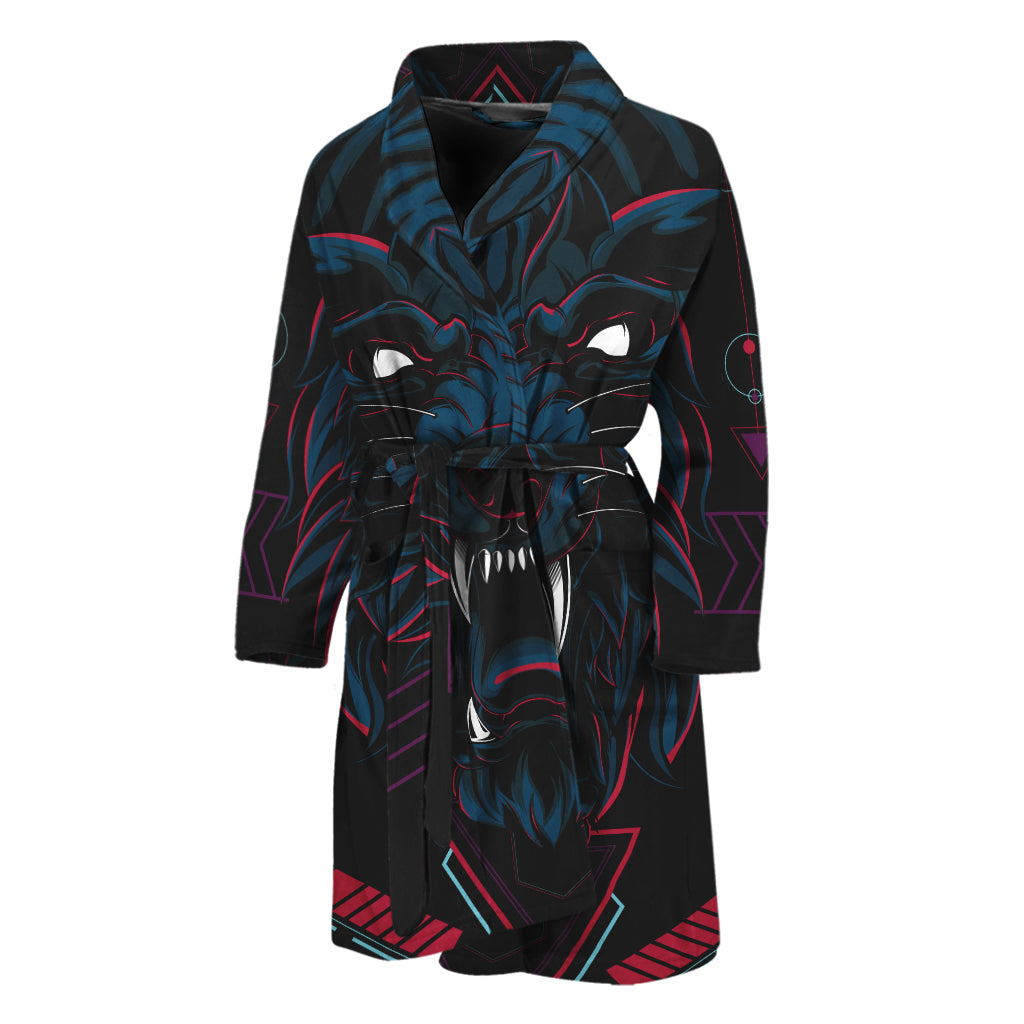 Dark Geometric Wolf Print Men's Bathrobe