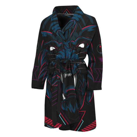 Dark Geometric Wolf Print Men's Bathrobe