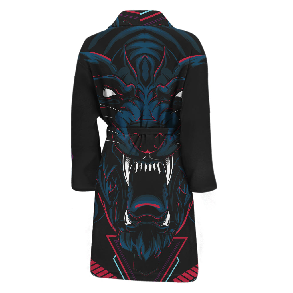 Dark Geometric Wolf Print Men's Bathrobe