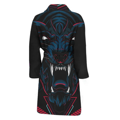 Dark Geometric Wolf Print Men's Bathrobe
