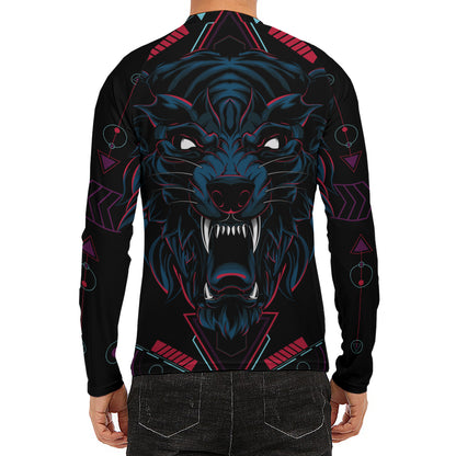 Dark Geometric Wolf Print Men's Long Sleeve Rash Guard