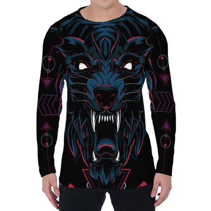 Dark Geometric Wolf Print Men's Long Sleeve T-Shirt