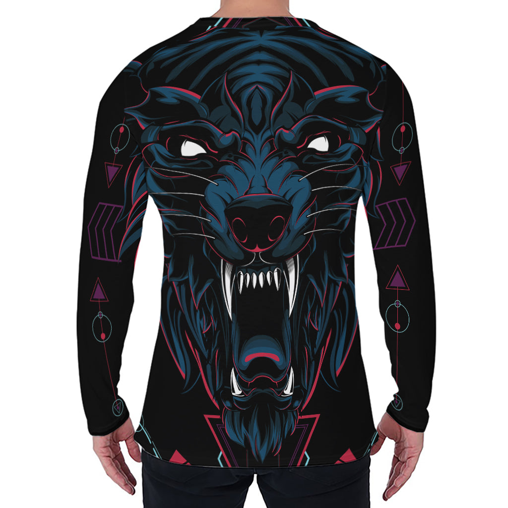 Dark Geometric Wolf Print Men's Long Sleeve T-Shirt