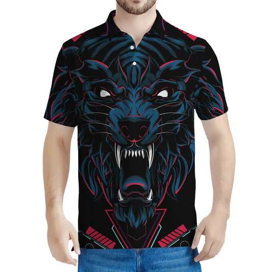Dark Geometric Wolf Print Men's Polo Shirt