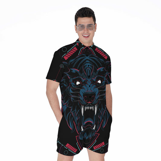 Dark Geometric Wolf Print Men's Rompers