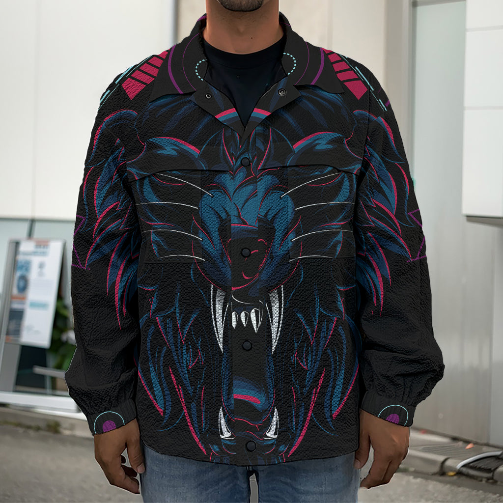 Dark Geometric Wolf Print Men's Shirt Jacket