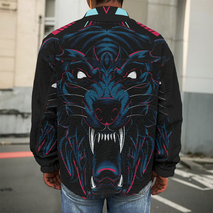 Dark Geometric Wolf Print Men's Shirt Jacket