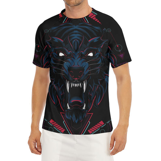 Dark Geometric Wolf Print Men's Short Sleeve Rash Guard
