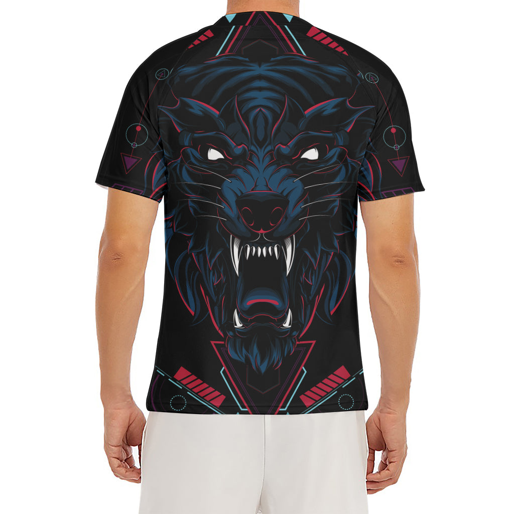 Dark Geometric Wolf Print Men's Short Sleeve Rash Guard