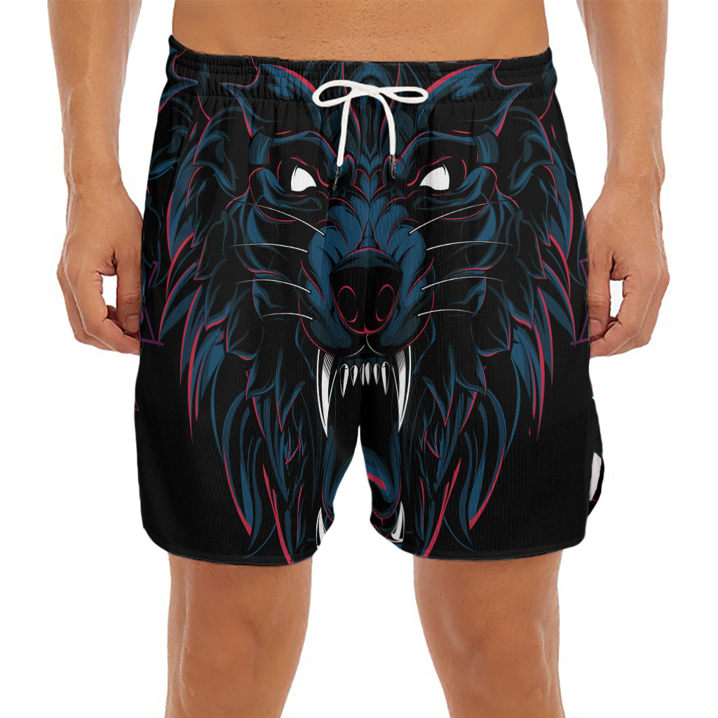 Dark Geometric Wolf Print Men's Split Running Shorts
