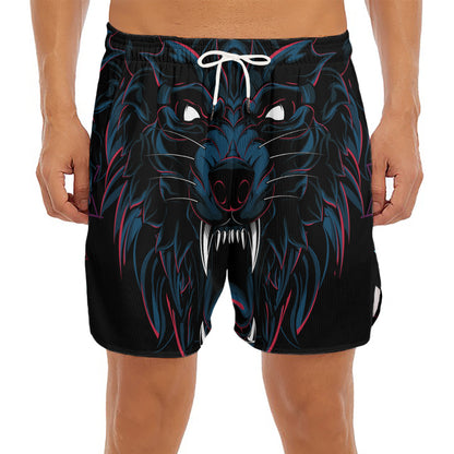 Dark Geometric Wolf Print Men's Split Running Shorts