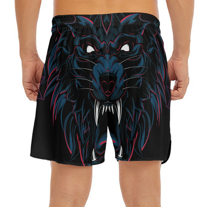Dark Geometric Wolf Print Men's Split Running Shorts