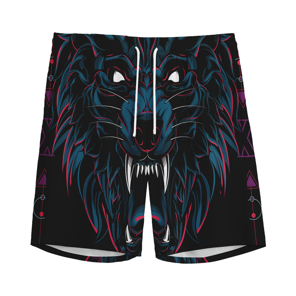 Dark Geometric Wolf Print Men's Sports Shorts