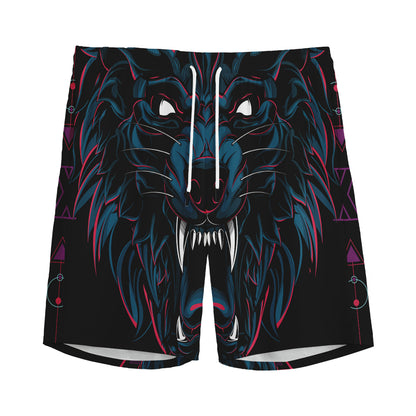 Dark Geometric Wolf Print Men's Sports Shorts