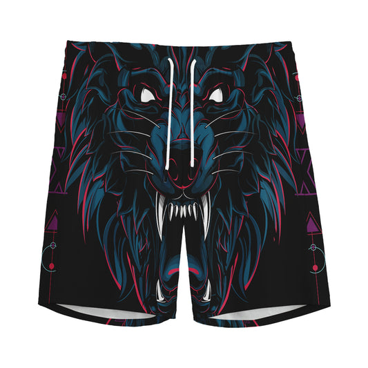 Dark Geometric Wolf Print Men's Sports Shorts