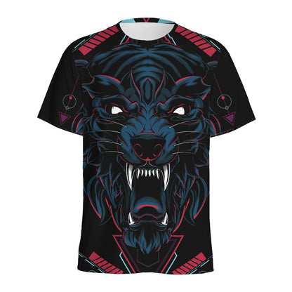 Dark Geometric Wolf Print Men's Sports T-Shirt