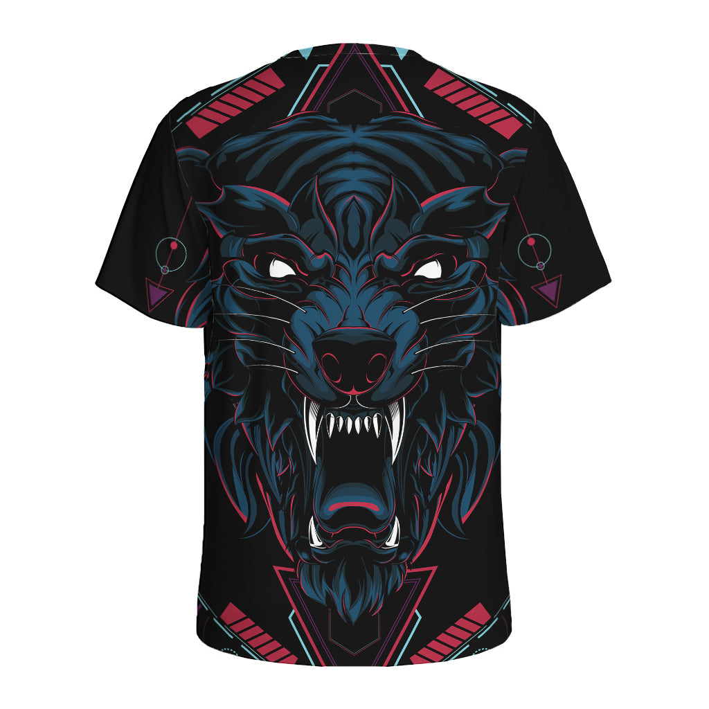 Dark Geometric Wolf Print Men's Sports T-Shirt