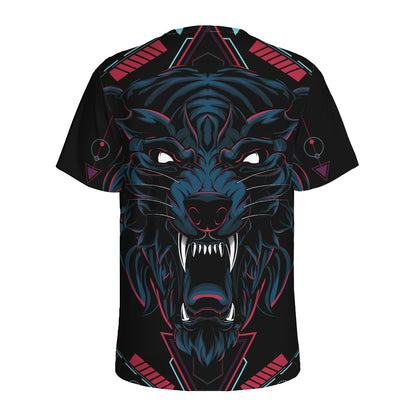 Dark Geometric Wolf Print Men's Sports T-Shirt