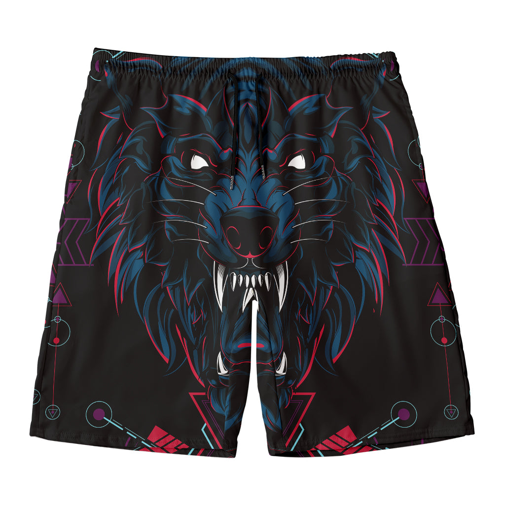 Dark Geometric Wolf Print Men's Swim Trunks
