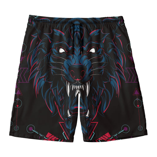 Dark Geometric Wolf Print Men's Swim Trunks