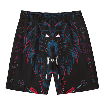 Dark Geometric Wolf Print Men's Swim Trunks