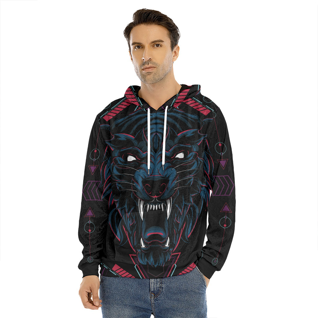 Dark Geometric Wolf Print Men's Velvet Pullover Hoodie
