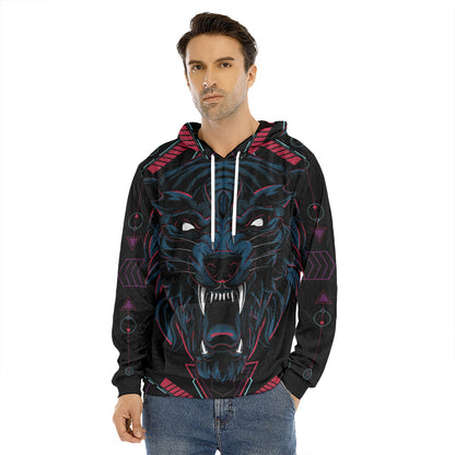 Dark Geometric Wolf Print Men's Velvet Pullover Hoodie