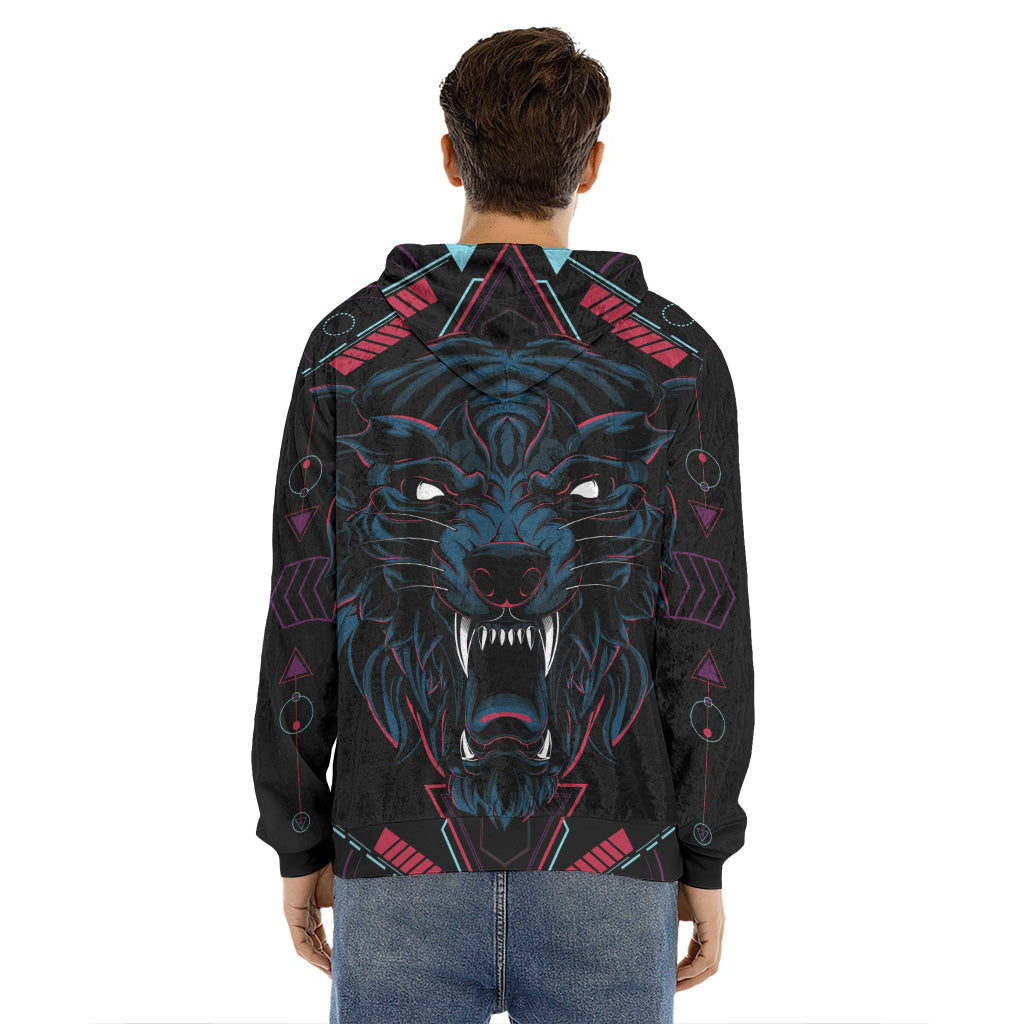 Dark Geometric Wolf Print Men's Velvet Pullover Hoodie