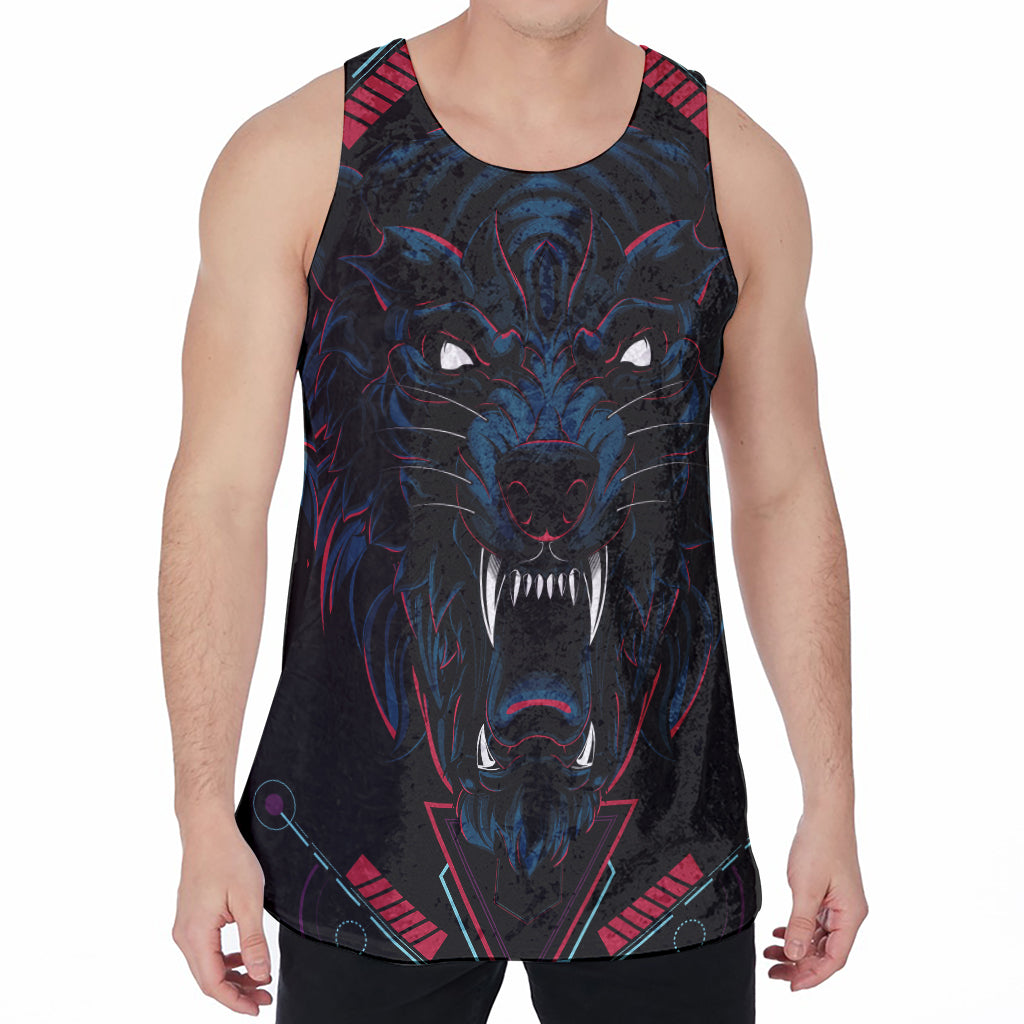 Dark Geometric Wolf Print Men's Velvet Tank Top
