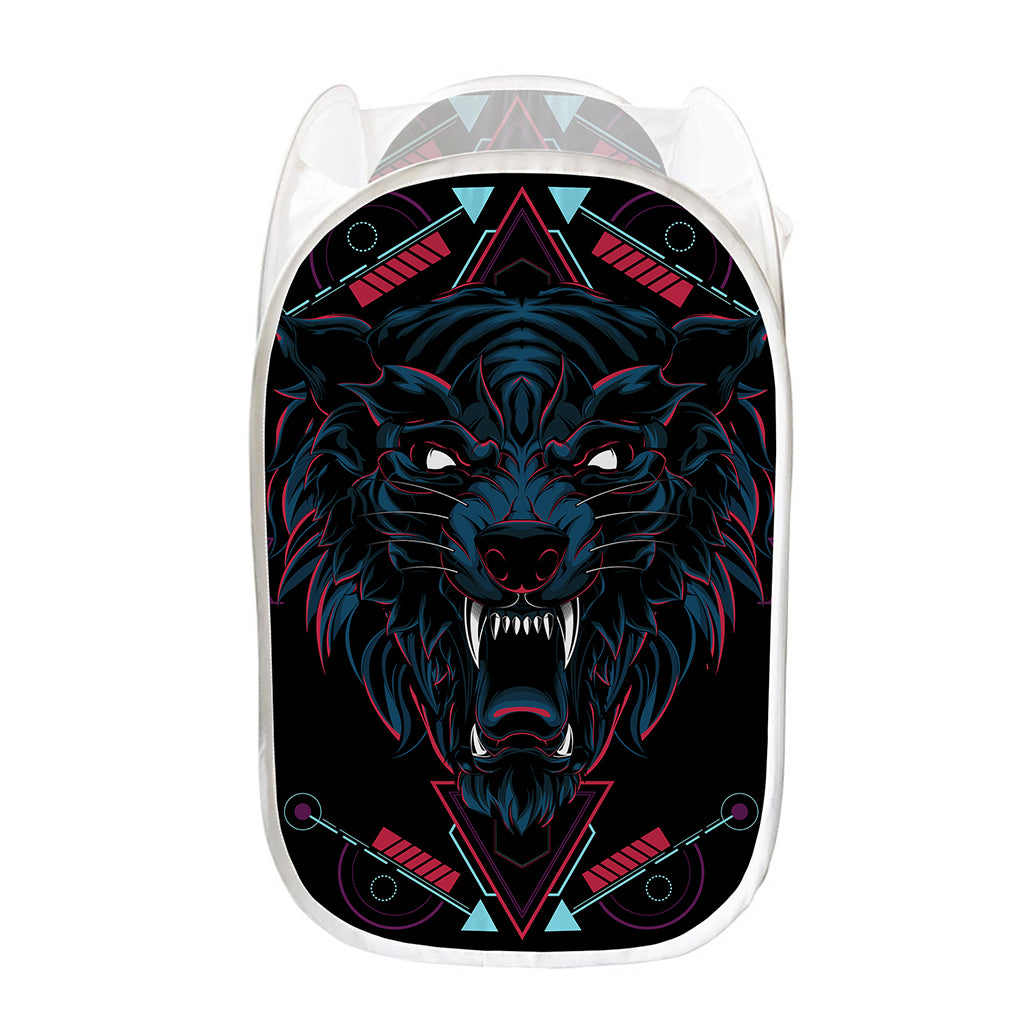 Dark Geometric Wolf Print Mesh Laundry Hamper