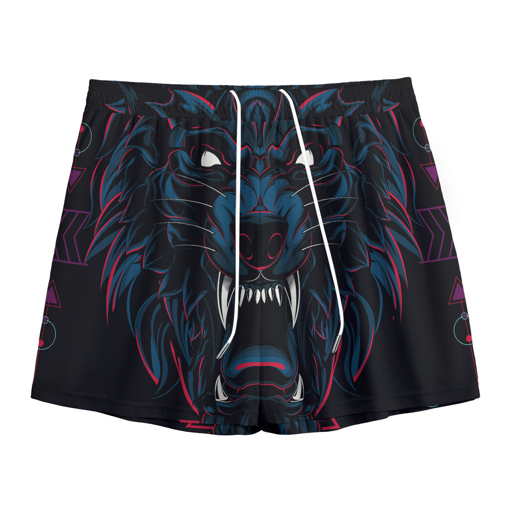 Dark Geometric Wolf Print Mesh Shorts