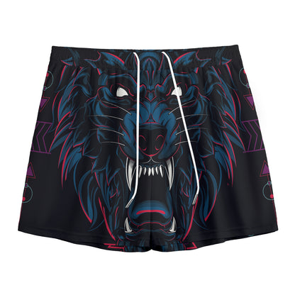 Dark Geometric Wolf Print Mesh Shorts