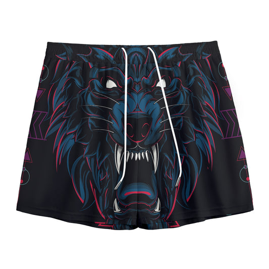 Dark Geometric Wolf Print Mesh Shorts