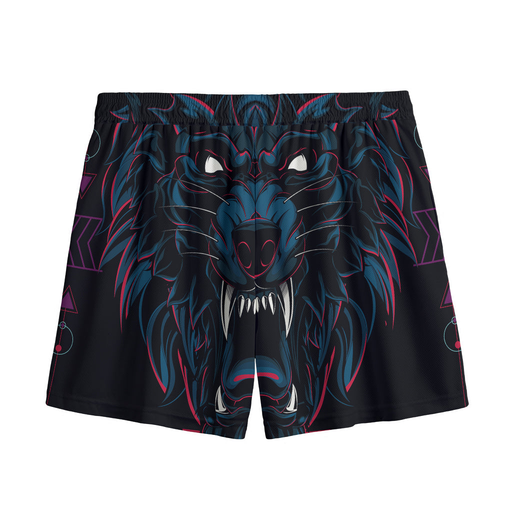 Dark Geometric Wolf Print Mesh Shorts