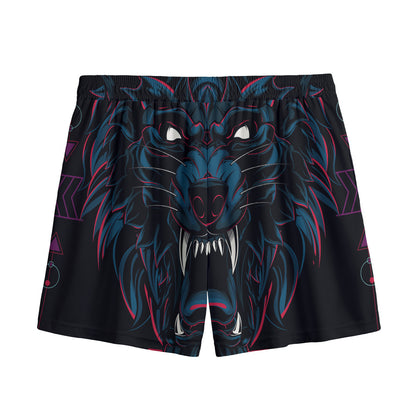 Dark Geometric Wolf Print Mesh Shorts