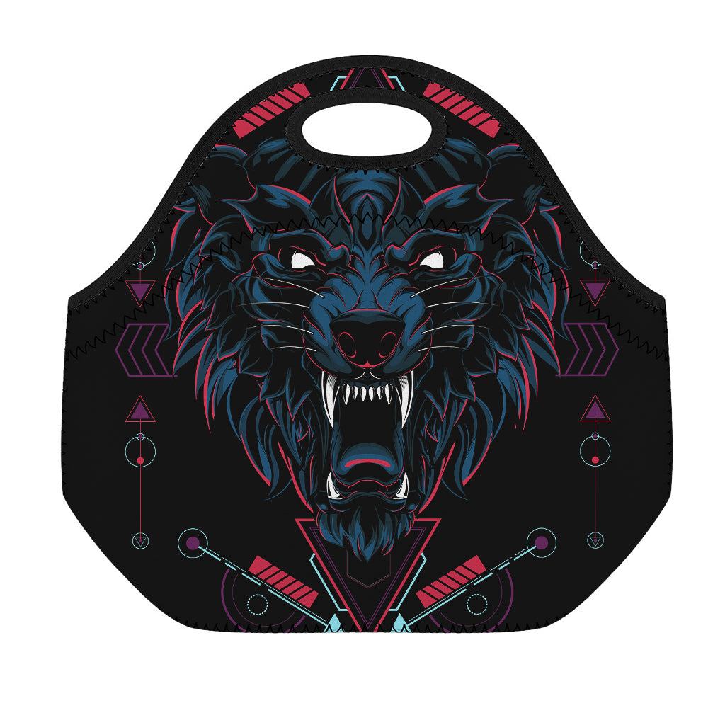 Dark Geometric Wolf Print Neoprene Lunch Bag