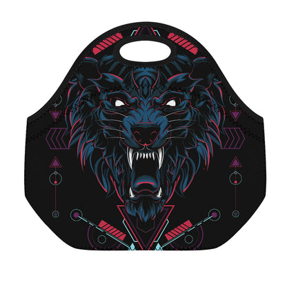 Dark Geometric Wolf Print Neoprene Lunch Bag