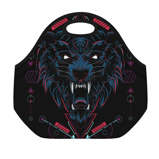 Dark Geometric Wolf Print Neoprene Lunch Bag