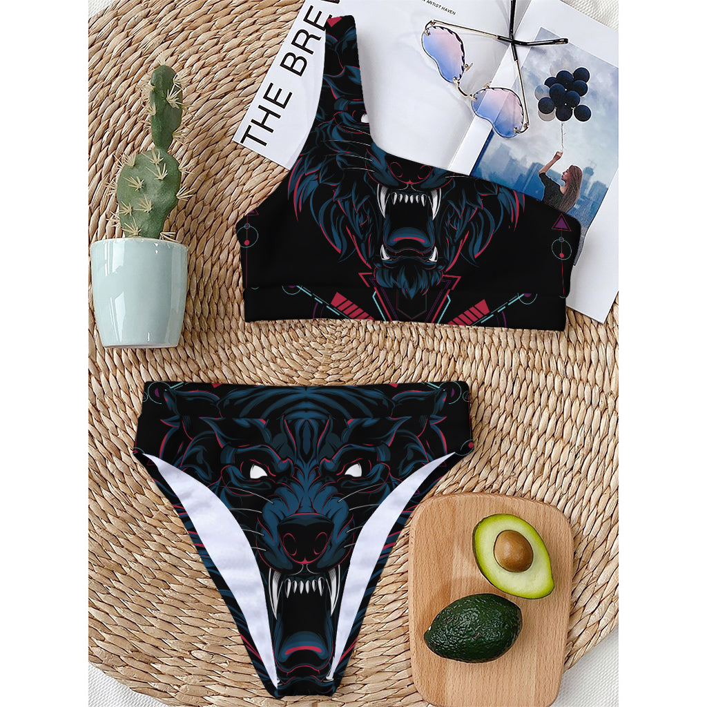 Dark Geometric Wolf Print One Shoulder Bikini Top