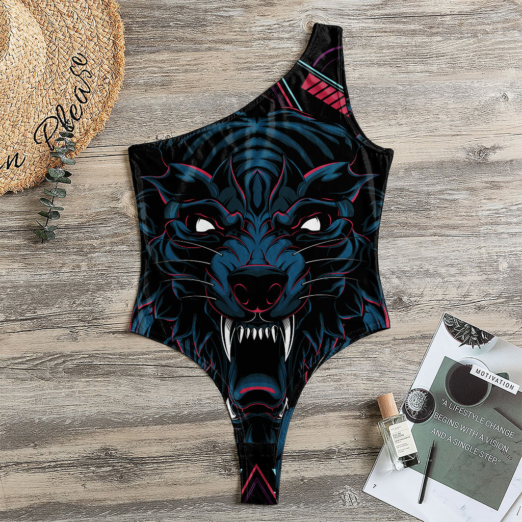 Dark Geometric Wolf Print One Shoulder Bodysuit