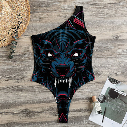 Dark Geometric Wolf Print One Shoulder Bodysuit