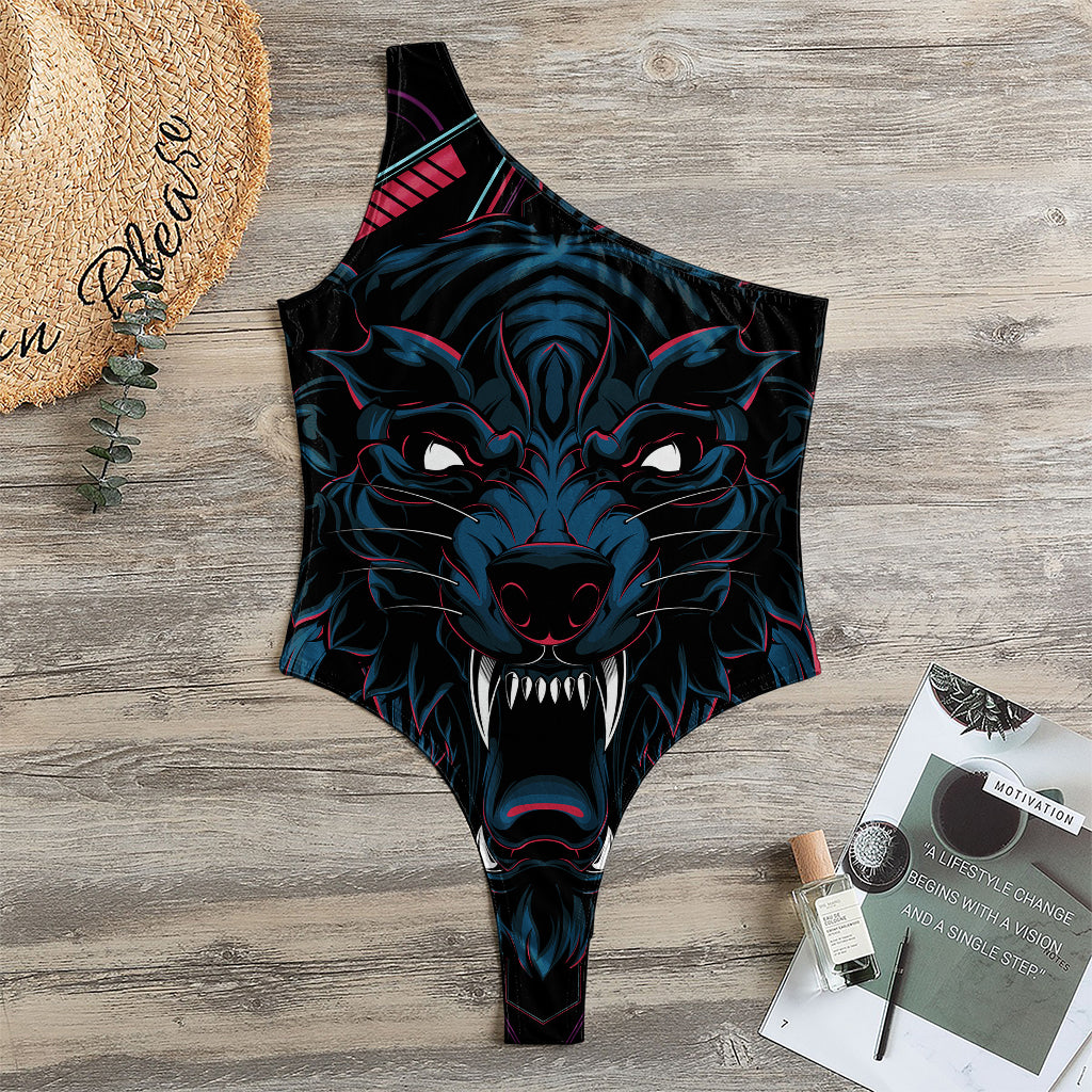 Dark Geometric Wolf Print One Shoulder Bodysuit