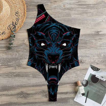 Dark Geometric Wolf Print One Shoulder Bodysuit