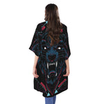 Dark Geometric Wolf Print Open Front Beach Cover Up