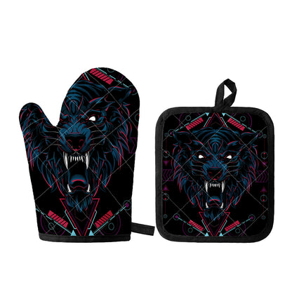 Dark Geometric Wolf Print Oven Mitt And Pot Holder Set